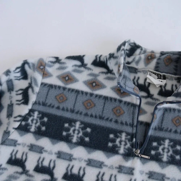 Vintage Trend Basics Grey & Cream Reindeer  Fleece Quarter Zip Sweater M - Picture 11 of 12